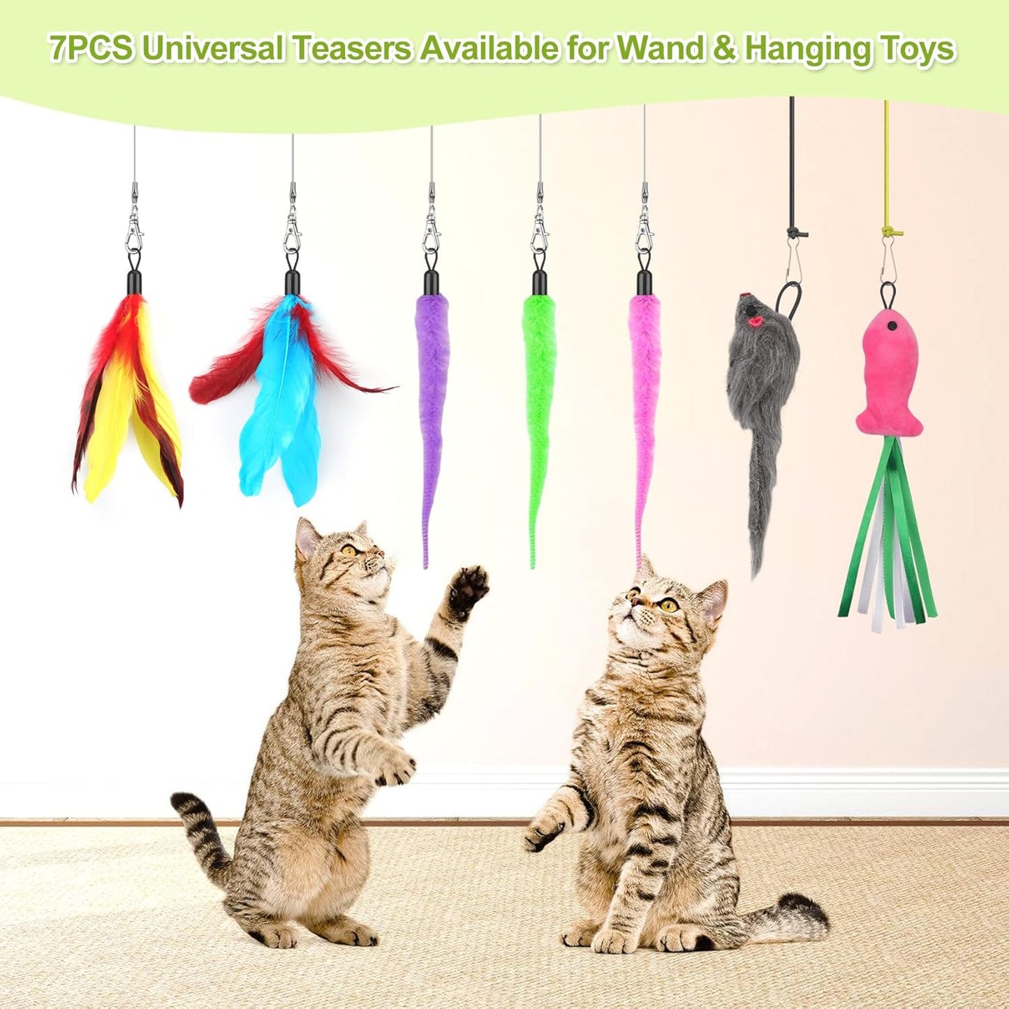ChicWow Interactive Retractable Cat Wand & Hanging Toys for Cats - 2 Wands, 2 Hanging, 7 Teaser Cat Toys for Indoor Adult Cats Kitten, Includes Feather, Mouse, Fish, Worm, 1 Spare Elastic Rope
