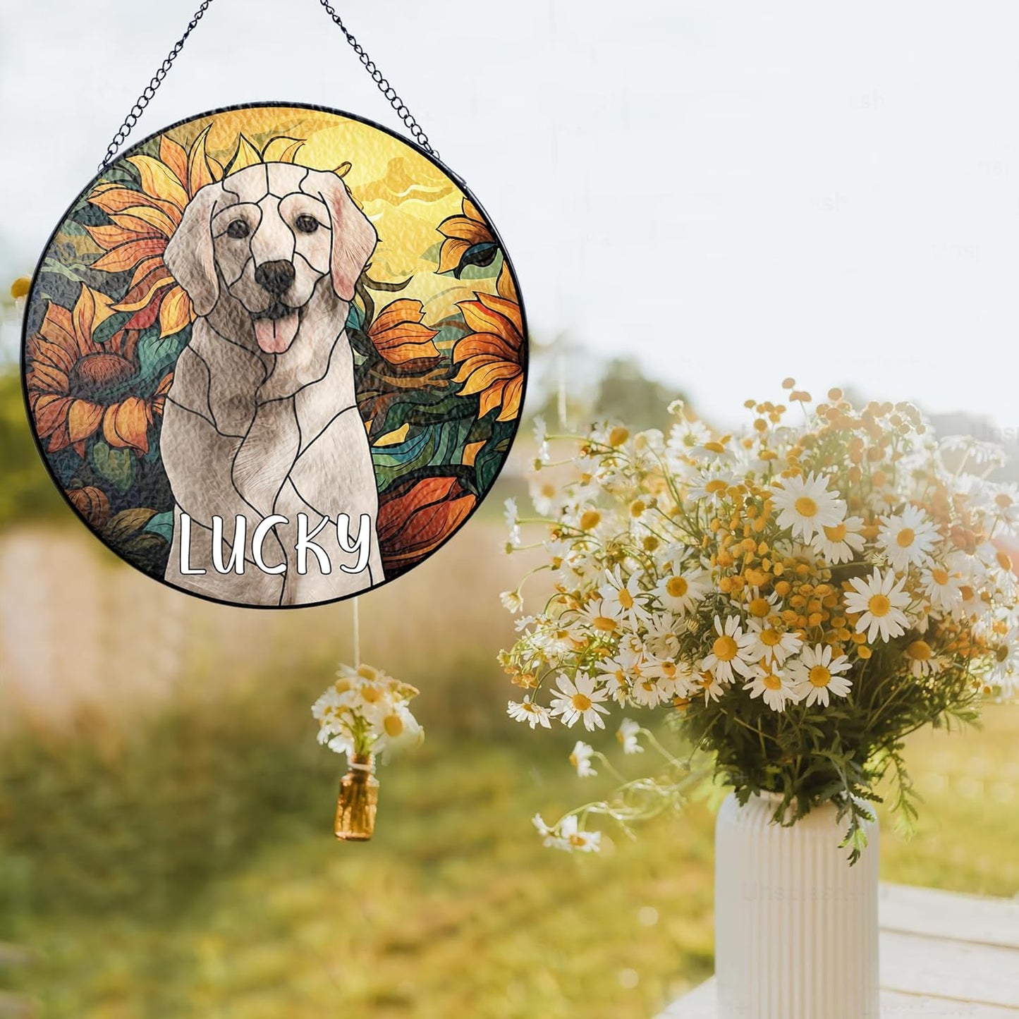 Lovely POD Personalized Pet Stained Glass Suncatcher, Custom Name Pet Photo Memorial Ornament Window Hanging, Remembrance Sympathy Gift for Loss of Pet Dog Cat, Bereavement Keepsake