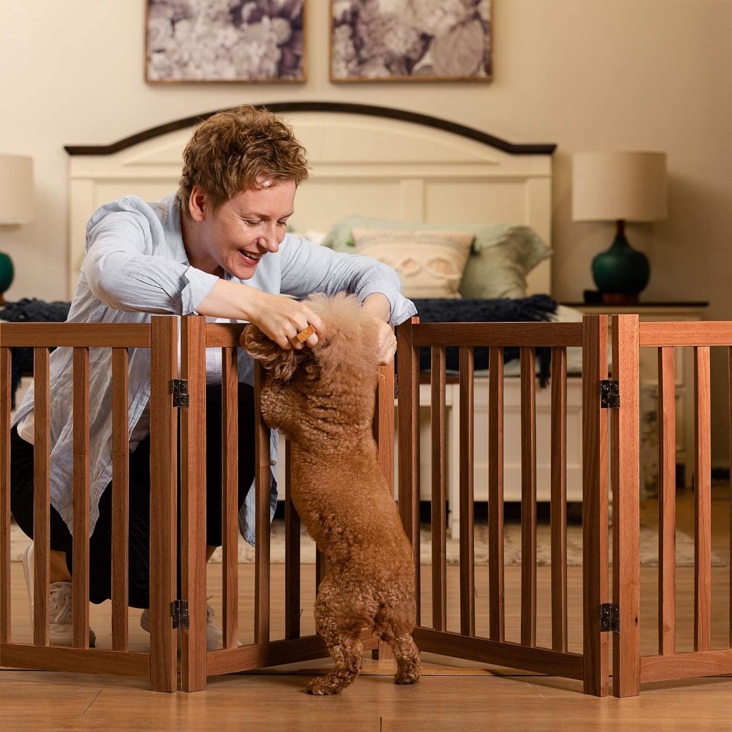 LZRS 4-Panel Wooden Free Standing Foldable Dog Gate Indoor – 24" High, Extra Wide Step-Over Safety Pet Gate for Doorways, Stairs, Hallways, Large Spaces & Playpen for Puppies Indoor Use, Oak