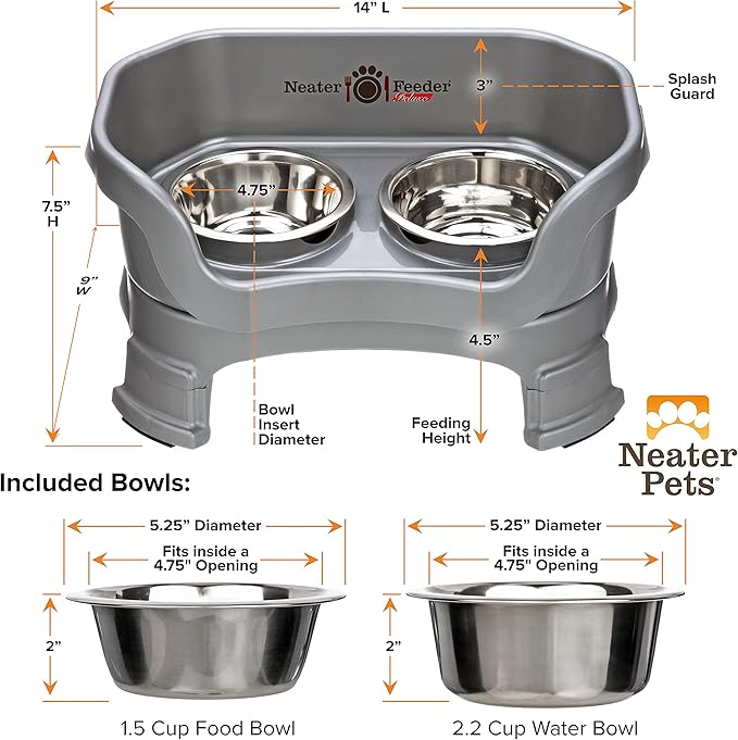 Neater Feeder Deluxe Mess Proof Dog Bowls Elevated for Small Breeds – Made in USA – No Spill Raised Dog Food Bowl Stand w/Leg Extensions – Stainless Steel Dog Food and Water Bowl Set – Grey