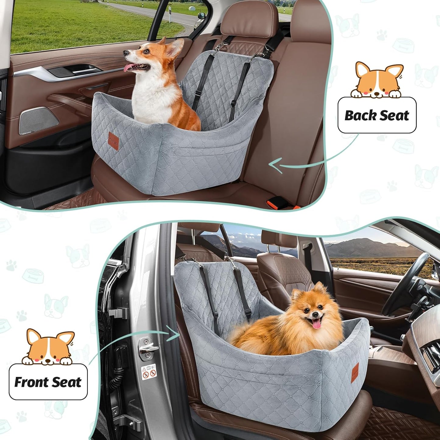 Dog Car Seat for Medium Dogs Up to 35lbs,Fully Detachable and Washable,Easy to Install with Adjustable Straps,Anti-Slip Bottom Travel Car Bed for Pets,2 Side Pockets(Grey,Medium)