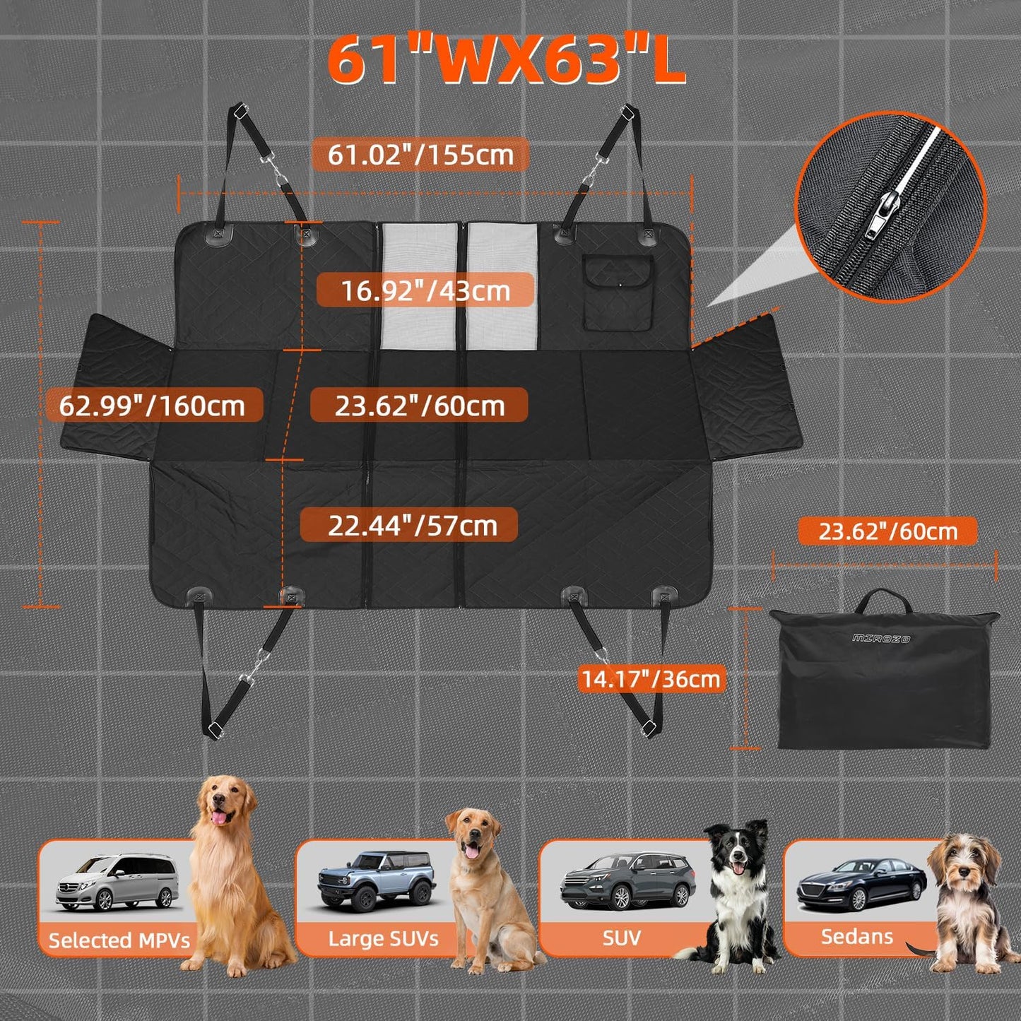 MIROZO Back Seat Extender for Dogs, 600D Heavy Durable Car Seat Cover for Dogs Seat Cover with Door Protectors for Traveling with Pets,Large Space Dog Travel Bed with 5-Fold Bottom for Truck
