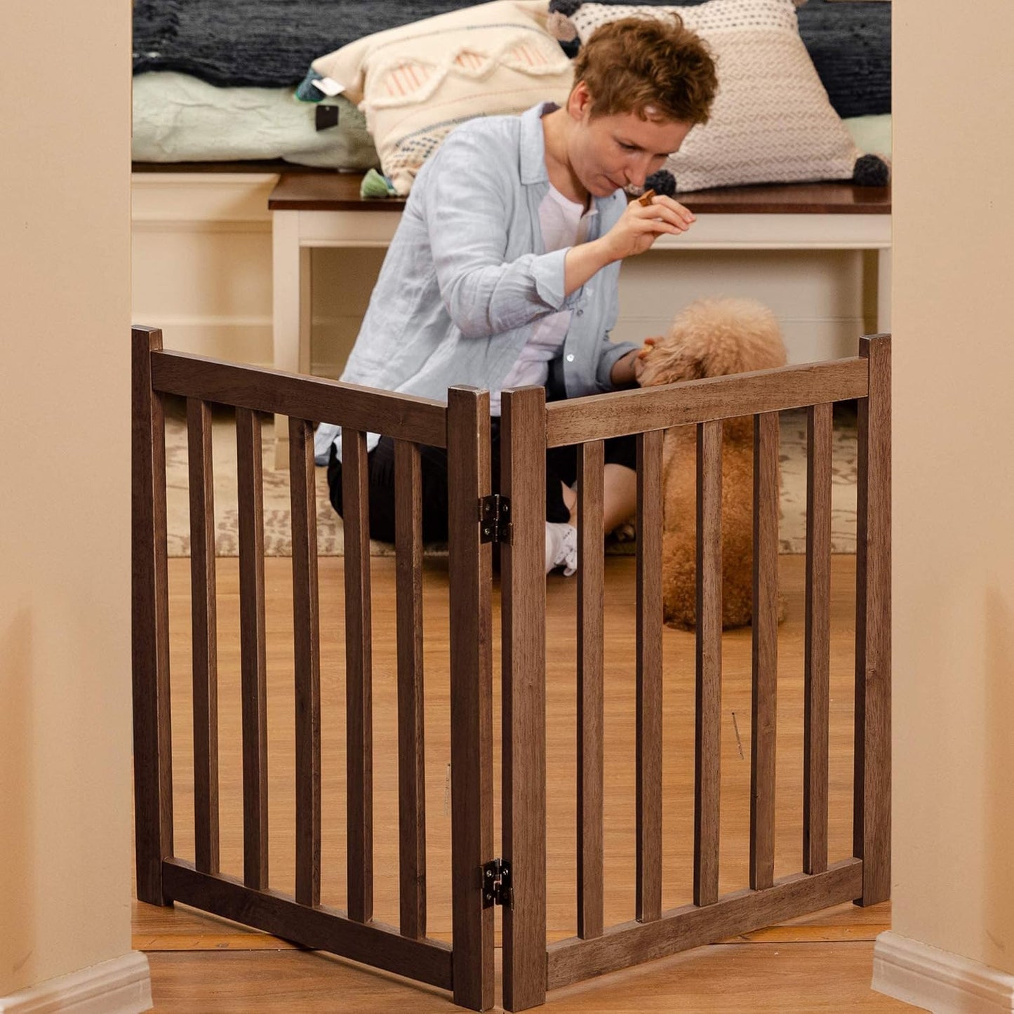 LZRS 2-Panel Wooden Free Standing Foldable Dog Gate Indoor – Solid Hardwood 24" High, Step-Over Safety Pet Gate for Doorways, Stairs & Small Spaces - Indoor Use, Oak