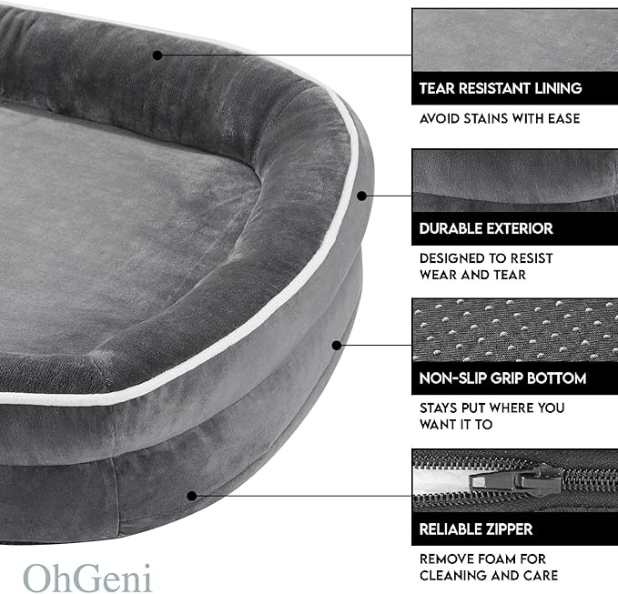 OhGeni Orthopedic Dog Couch Pet Sofa Large Sized Cat Beds with Comfort Foam Support, Soft Comfortable Fabric, Machine Washable Waterproof Removable Cover, 35-Inch (Gray)