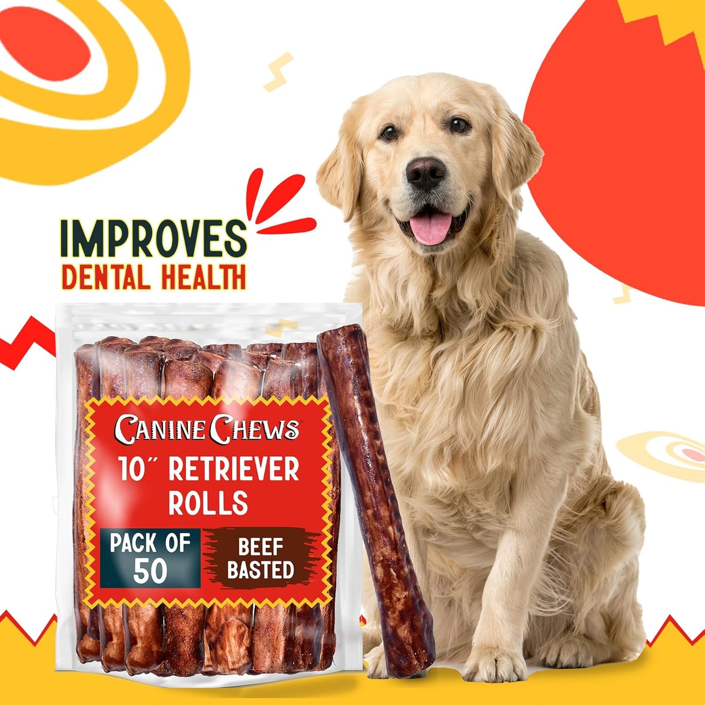 Canine Chews 10" Beef Basted Rawhide Bones for Large Dogs (50 Pack) - Hand-Rolled Dog Rawhide Chews Basted in Beef Broth - Beef Dog Rawhide Bones Promotes Dental Health - Hand-Rolled in Beef Broth