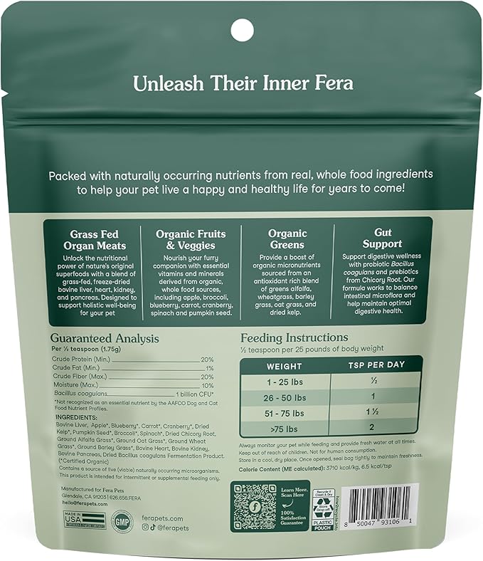Fera Pets Whole Food Multivitamin Cat & Dog Food Topper with Probiotics, Antioxidants, & Essential Dog Vitamins & Minerals - Nutrients from Fruits, Vegetables, & Organ Meats - 3.7 oz