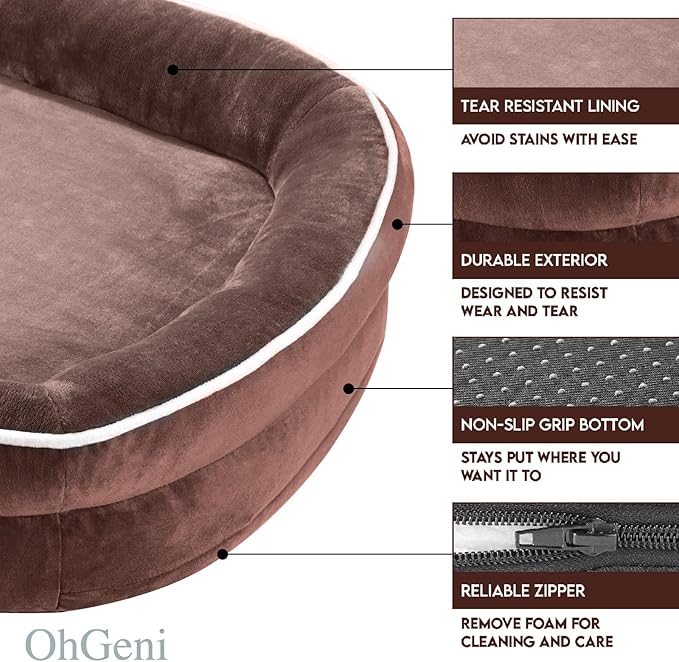 OhGeni Orthopedic Dog Couch Pet Sofa Large Sized Cat Beds with Comfort Foam Support, Soft Comfortable Fabric, Machine Washable Waterproof Removable Cover, 35-Inch (Brown)