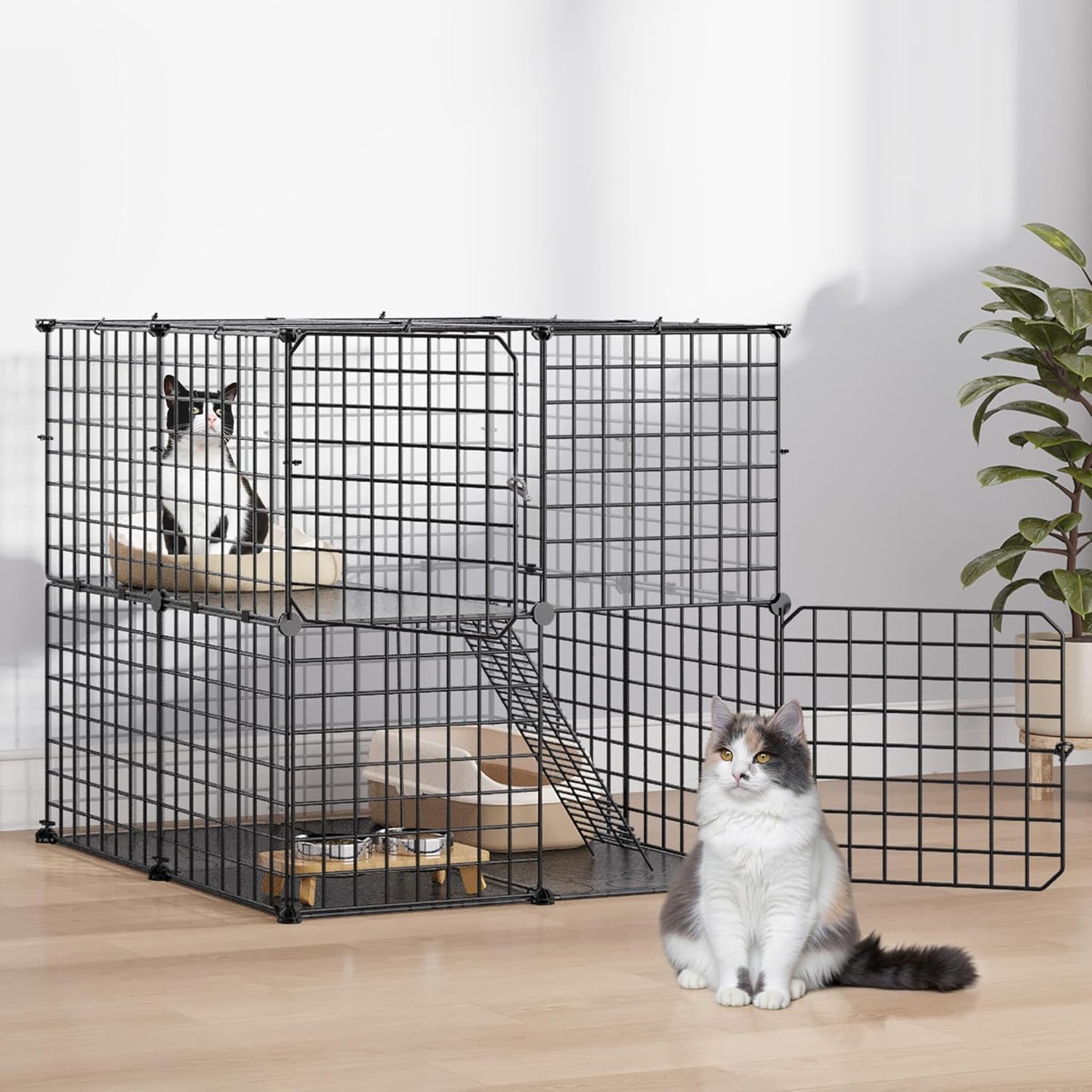 DWVO Cat Enclosure for Kittens, 2-Tier Pet Cage for Small Animals, Kitty Playpen House for Indoor Outdoor Black