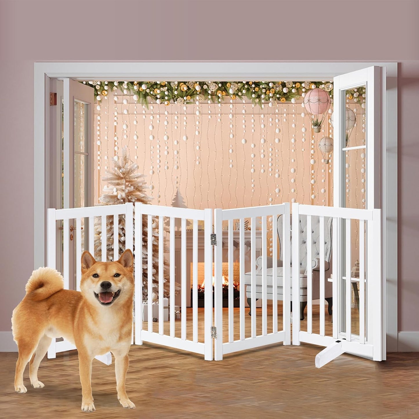 LZRS Solid Hardwood Freestanding Pet Gate,Wooden Dog Gates Indoor for Doorways,Nature Wood Dog Gates for The House,Stairs,Safety Fence,White,30" Height-4 Panels