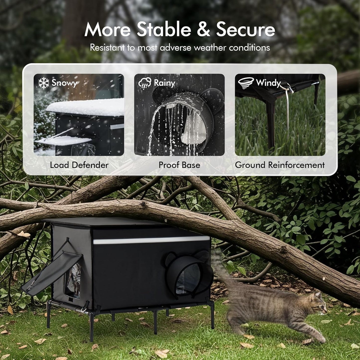 Heated Outdoor cat House for Outside, Weatherproof Insulated Feral Cat Shelter with Timer-Temp Control Heating Pad in Winter, Large Elevated Outdoor Cat House with Zipper, 2 Doors, Safety- Black