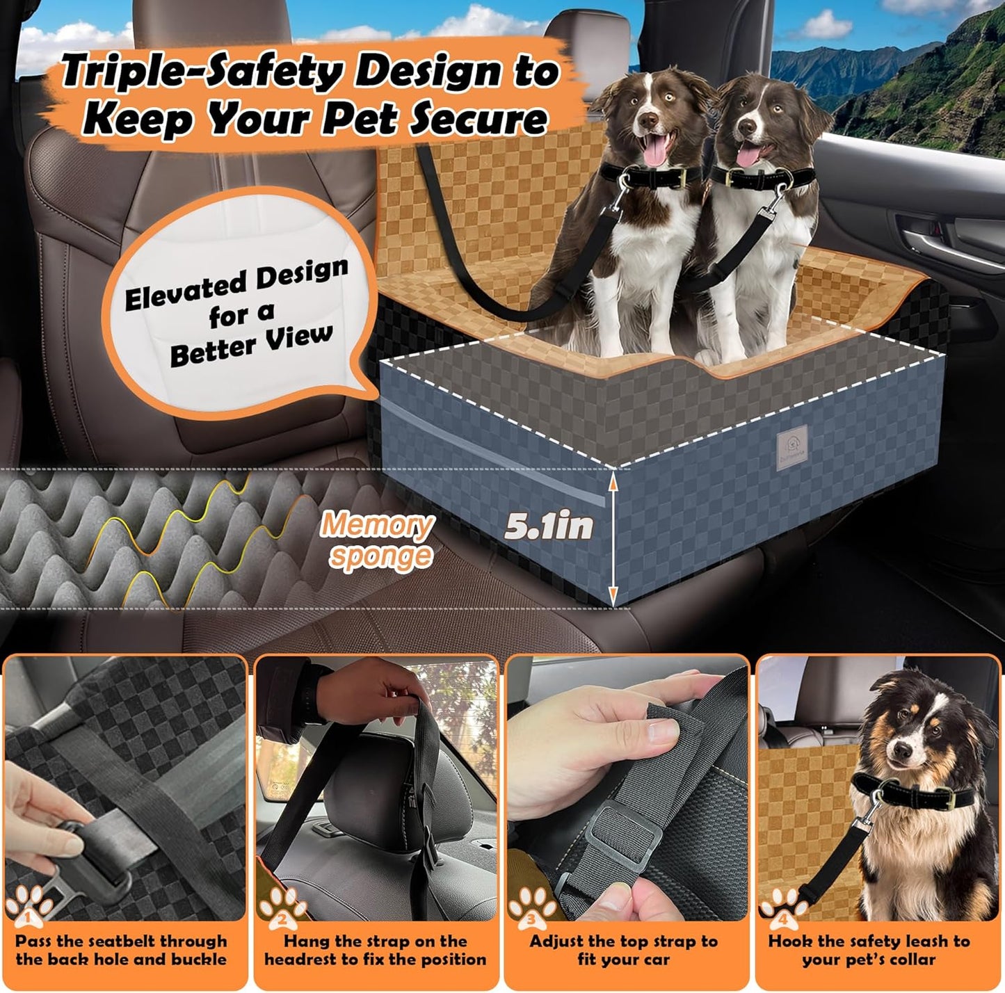 Large Dog Car Seat for Back Seat – Removable Dog Booster Seat & Washable Pet Car Seat for Medium & 2 Small Dogs up to 60lbs – Safety Straps & Storage Pocket – Travel & Home Use (Black/Brown)