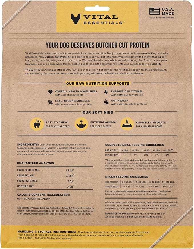 Vital Essentials Freeze-Dried Raw Duck Meal or Mixer Dog Food Soft Nibs | 99% Duck, Organs & Bone | 14 oz