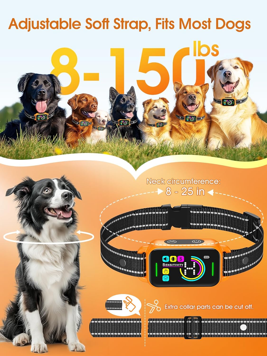 DINJOO Dog Bark Collar for Large/Medium/Small Dogs | Rechargeable Smart AI Anti-Barking Training Collar with 8 Adjustable Sensitivity, Beep & Vibration Modes | Solves Excessive Barking - Coral Orange
