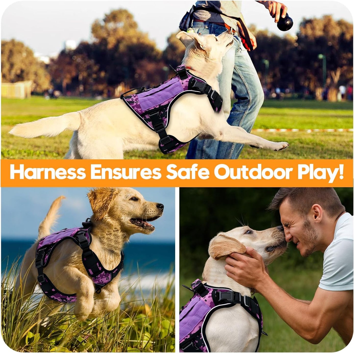 Heavy-Duty Tactical Dog Harness for Large Dogs, No Pull Adjustable Reflective Pet Vest with Molle System, K9 Military-Grade Control for Service Training, Outdoor & 10+ Breeds, Purple Camo, Large