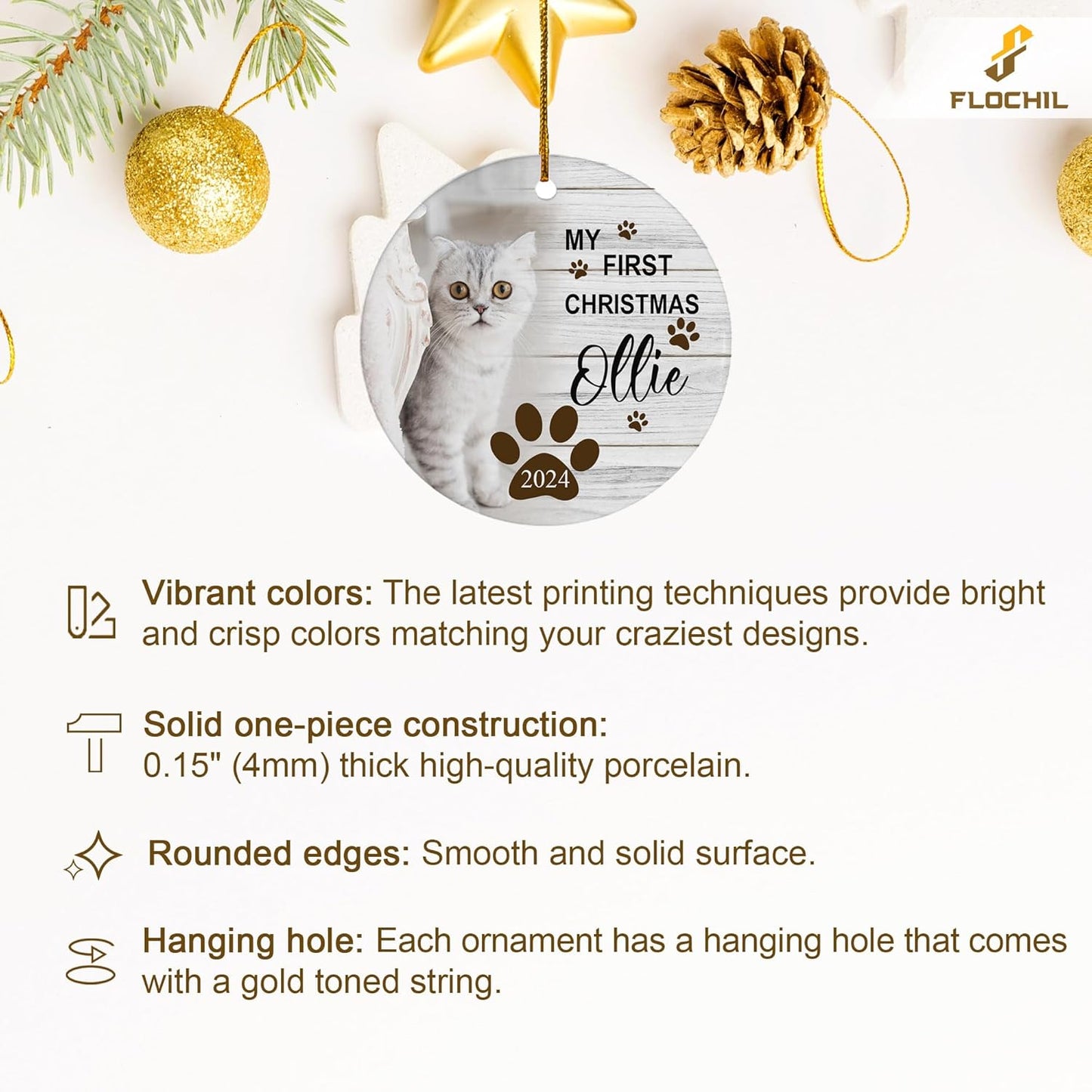 FLOCHIL Personalized Cat Christmas Ornaments Custom Photo Name for Christmas Trees, Cat First Christmas Ornaments, Gifts for Pet Lovers