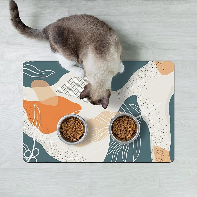 Rnivvi Dog Food Mat, 12" x 19" Boho Absorbent Dog Cat Bowl Mat for Food and Water, Cute Anti-Slip Rubber Pet Feeding Rug Protect Floors, Puppy Placemat for Feeding & Watering Supplies, Abstract Leaves