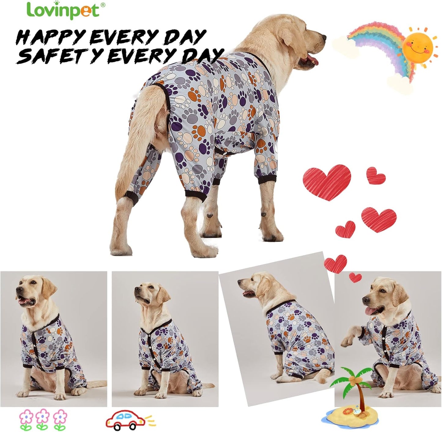 LovinPet Large Breeds Dog Onesies - Dog Pajamas, Lightweight Stretchy Fabric, Dog Long Sleeve Shirt, Paw-Some Steel Gray Print, Dog Jumpsuit, UV Protection, Pet PJ's/Large