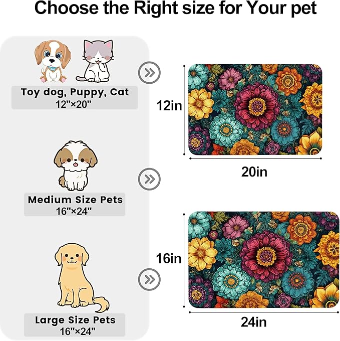 Vintage Floral Pet Feeding Mat-Quick Dry Absorbent Dog Cat Food Mat, Anti-Slip Water Bowl Mats for Messy Eaters-No Stains Indoor Pet Accessories 12"x20"