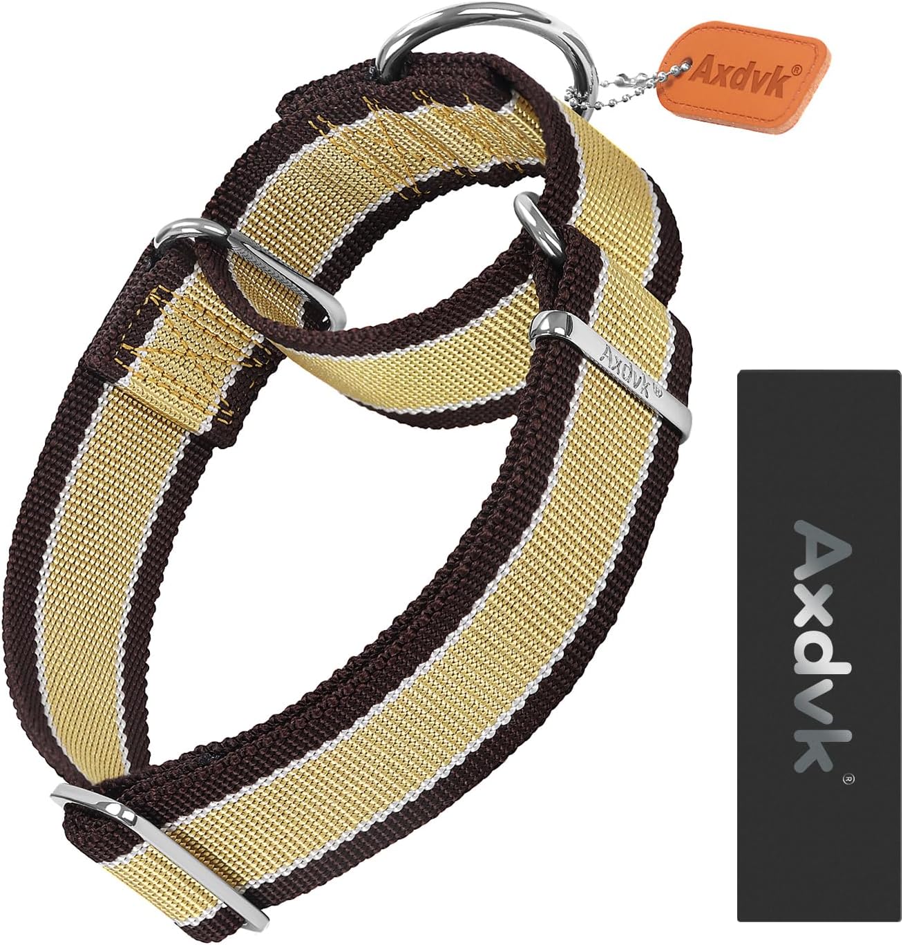Martingale Collar 1.5 Inch Wide 1600D Extra Strong Anti Escape Nylon Dog Collar, No Pull Heavy Duty Pet Collars with 3-Color Stripe for Large to XLarge Dogs (XL, Khaki & Dark Brown)