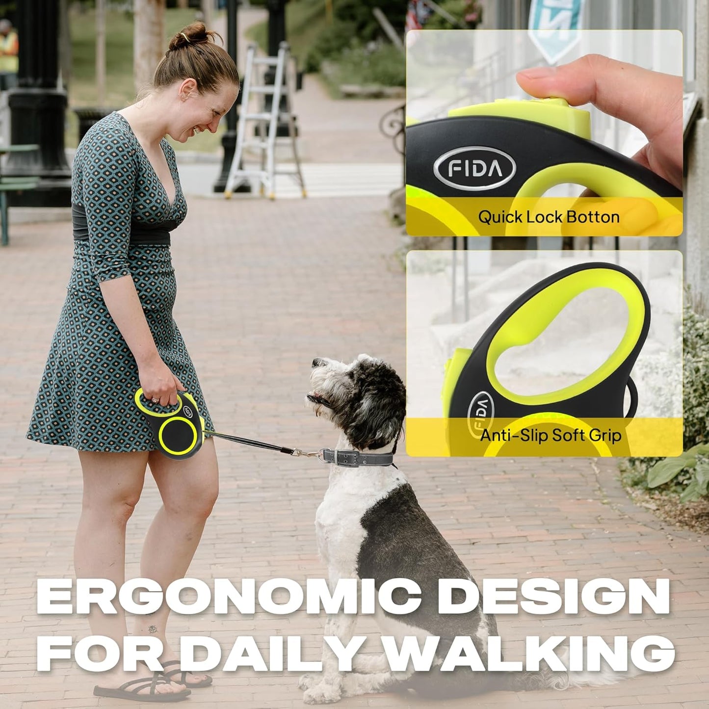 Fida Retractable Dog Leash, Reflective 16ft Heavy Duty Pet Walking Leash for Medium/Large Dog up to 110 lbs, Tangle Free. One-Hand Brake (Large, Neon Yellow)