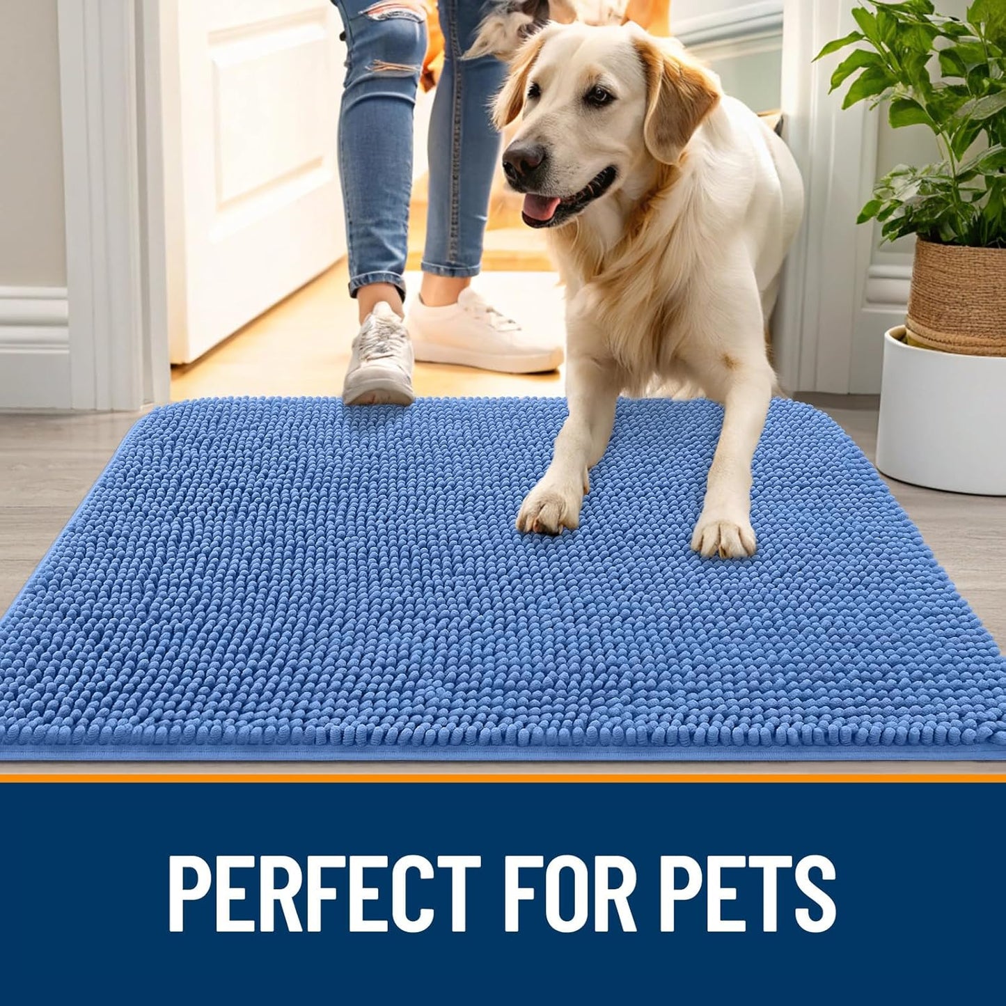 OLANLY Dog Door Mat for Muddy Paws 24x16, Absorbs Moisture and Dirt, Absorbent Non-Slip Washable Doormat, Quick Dry Chenille Mud Mat, Entry Indoor Entryway Carpet for Inside Floor, Cornflower Blue