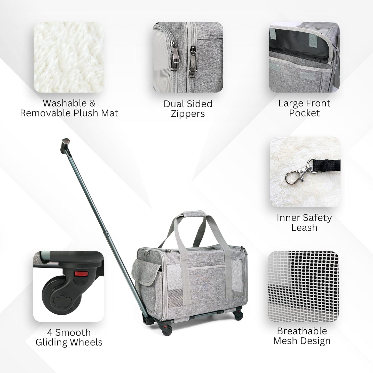 Pet Carrier With Wheels for Dogs Up To 15lbs – Airline Approved Dog Carrier - Rolling Pet Carrier w/ Removable Wheels & Washable Plush Mat – Cat Travel Carrier w/ Telescopic Handle & Shoulder Strap