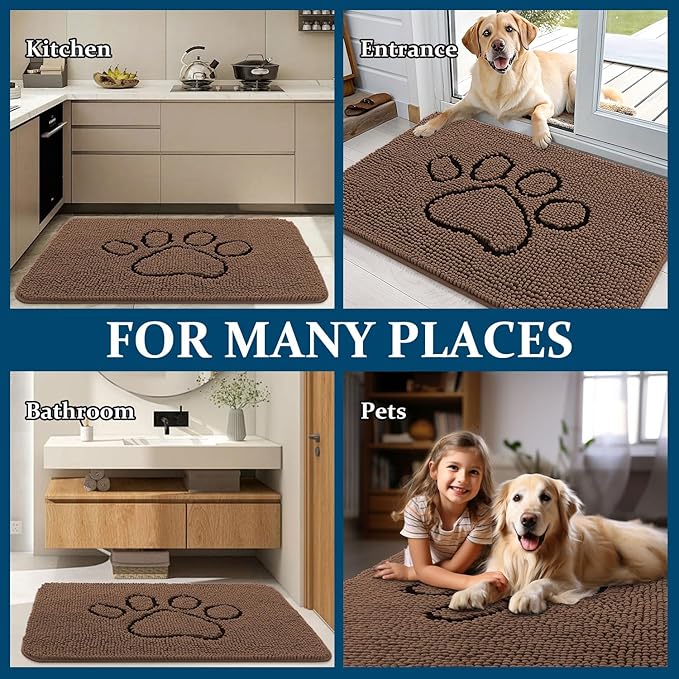 OLANLY Door Mat for Muddy Dog Paws 36x24, Ultra Absorbent Chenille Mud Doormat with Paw Print Design, Non-Slip Washable Doormat for Indoor Entryway, Quick-Dry Pet Bed Mats for Dirty Dogs, Mocha