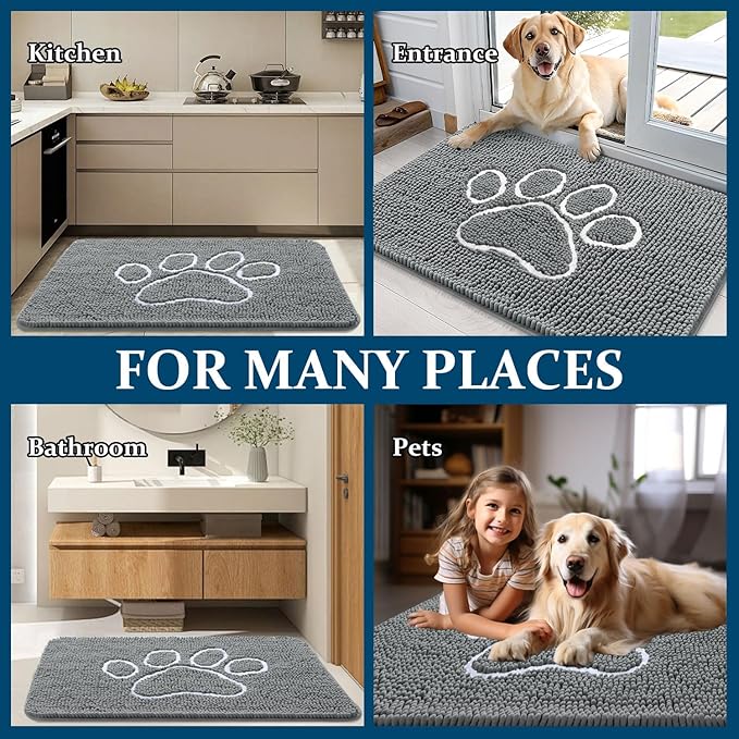 OLANLY Door Mat for Muddy Dog Paws 48x30, Absorbent Chenille Mud Doormat with Paw Print Design, Non-Slip Washable Doormat for Indoor Entryway, Quick-Dry Pet Bed Mats for Dirty Dogs, Grey and White