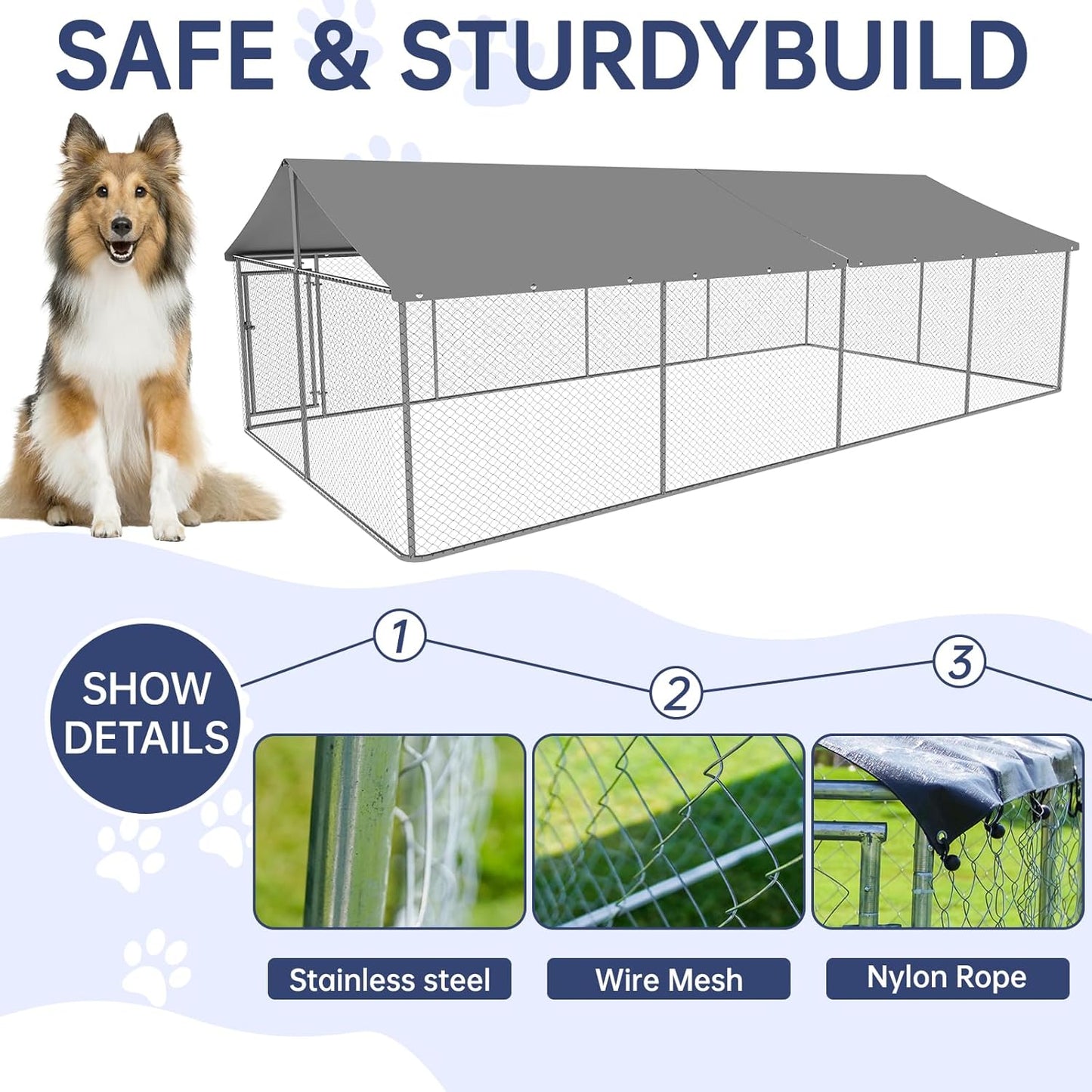 Outdoor Dog Enclosure Heavy Duty Dog Kennel House Mesh Dog Big Cage Pet Kennel Steel Fence with Secure Lock(236”x 118”)