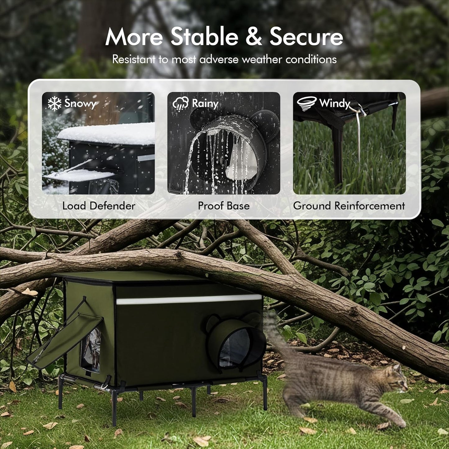 Heated Outdoor cat House for Outside, Weatherproof Insulated Feral Cat Shelter with Timer-Temp Control Heating Pad in Winter, Large Elevated Outdoor Cat House with Zipper, 2 Doors, Safety- Army Green