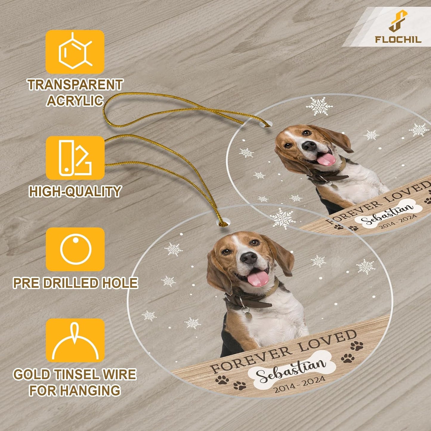 FLOCHIL Personalized Dog Memorial Christmas Ornaments, Custom Dog Christmas Ornaments with Name Photo, Pet Memorial Ornament, Gift for Pet Lovers