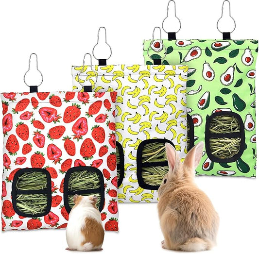 3 Pcs Rabbit Hay Feeder, 2-Hole Hanging Guinea Pig Hay Bags Washable Bunny Hay Bag for Rabbits, Chinchillas, Hamsters, Small Pets and Animals (11.8"×8.7")