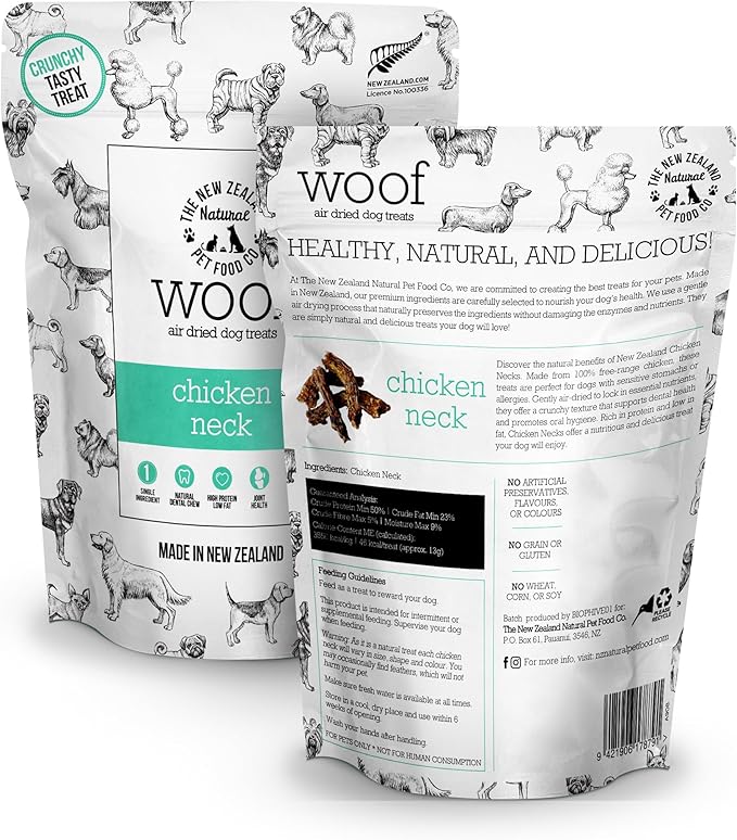 Air Dried WOOF Chicken Neck Treat - Mixer, or Topper - Air Dried, High Protein,Natural, Single Ingredient - 1.76oz