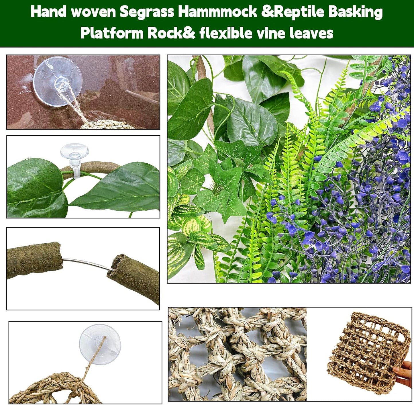 8PCS Bearded Dragon Hammock Reptile Basking Platform Rock Reptile Artificial Plants Leaves & Vines Lizard Habitat Decor Terrarium Tank Accessories for Hiding & Climbing Snake Gecko Bird Chameleon