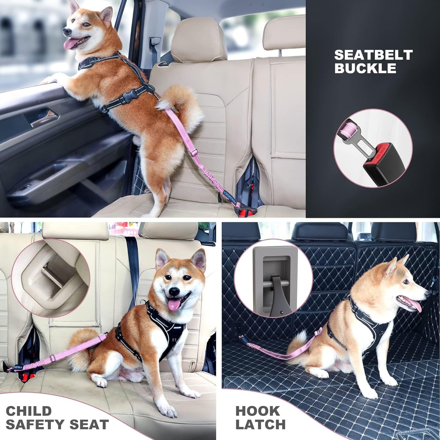 IOKHEIRA Dog Seat Belt 3-in-1 Car Harness for Pets Adjustable Safety Seatbelt Nylon Reflective Bungee Fabric Dog Car Harness with Clip Hook Latch & Buckle, Swivel Zinc Alloy Carabiner (Pink)