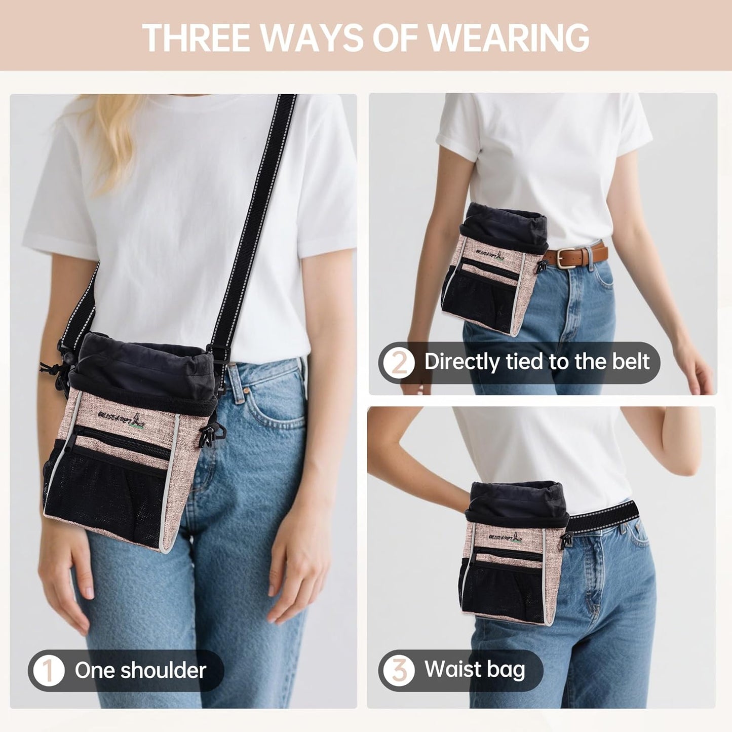 Dog Treat Pouches Training Walking Bag with Shoulder Strap, Large Space for Pets Food, Polyester Fabric, 3-Way Wearing Design, Portable Pet Bagand Easy to Clean (Ginger)