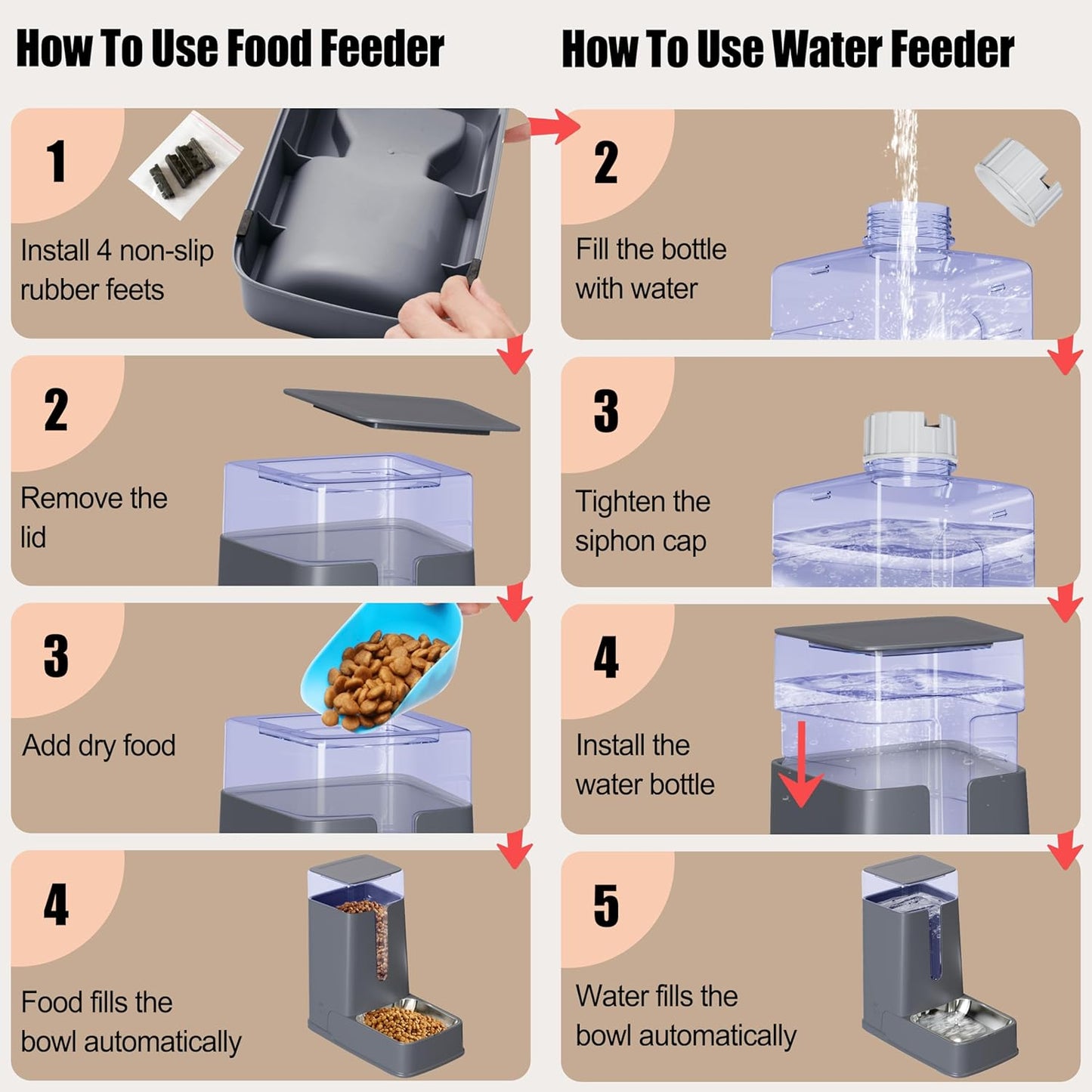 Automatic Cat Feeder and Cat Water Dispenser Set with Stainless Steel Bowls Gravity Dog Feeder for Small Medium Big Dog Pets Puppy Kitten, 3.8Lx 2