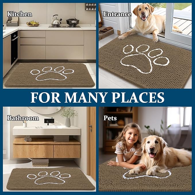OLANLY Door Mat for Muddy Dog Paws 70x46, Ultra Absorbent Chenille Mud Doormat with Paw Print Design, Non-Slip Washable Doormat for Indoor Entryway, Quick-Dry Pet Bed Mats for Dirty Dogs, Tan