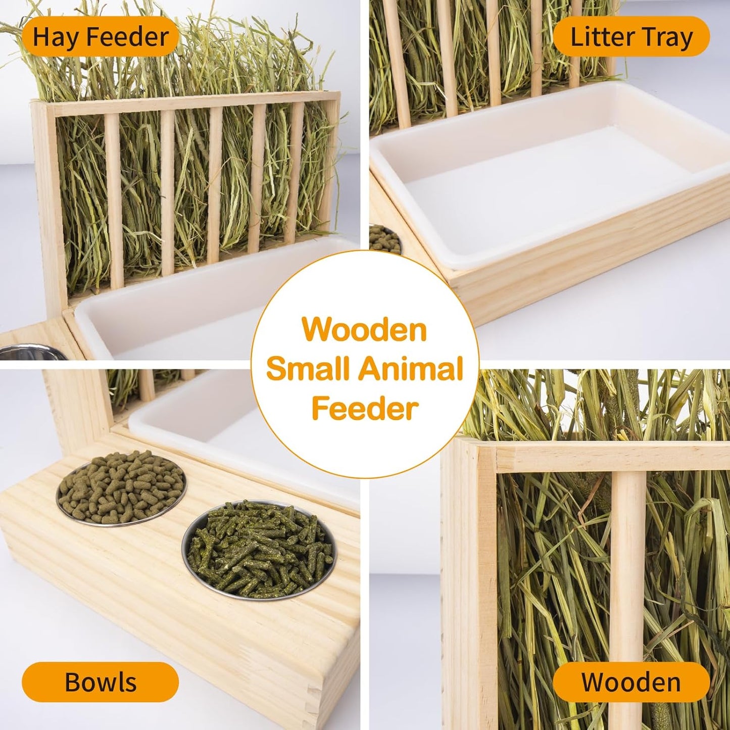 3 in 1 Rabbit Hay Feeder with Litter Box,Wooden Hay Feeder with 2 Bowls & Litter Box for Guinea Pig Chinchilla Bunny Other Small Animals,Large Capacity & Preventing Waste