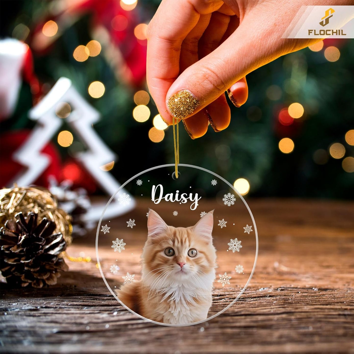 FLOCHIL Personalized Cat Christmas Ornaments Custom Photo Name for Christmas Trees, Cat First Christmas Ornaments, Gifts for Pet Lovers Acrylic Ornament