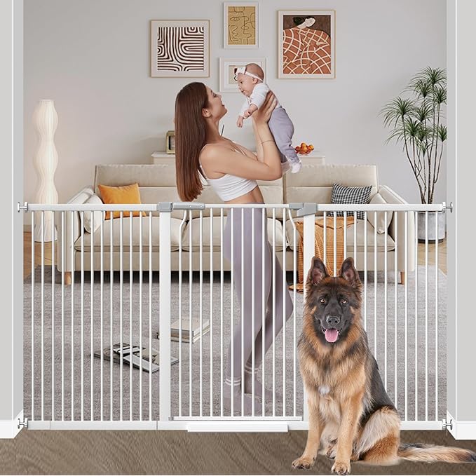 40.55" Extra Tall Baby Gate for Stairs-71.3"-76.7" Wide 1.37" Ultra Narrow Spacing Extra Wide Pet Cat Gate Dog Gate-Auto-Close Pressure Mounted Dog Door for Pets and Kids,White