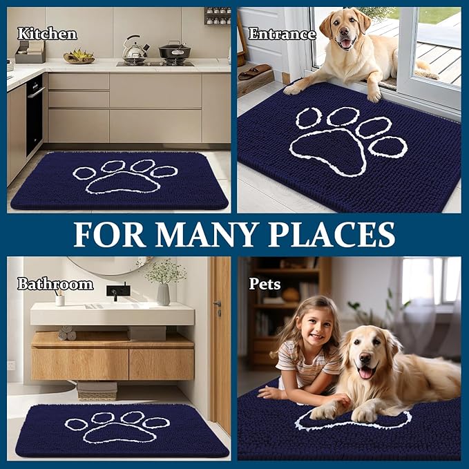 OLANLY Door Mat for Muddy Dog Paws 40x32, Ultra Absorbent Chenille Mud Doormat with Paw Print Design, Non-Slip Washable Doormat for Indoor Entryway, Quick-Dry Pet Bed Mats for Dirty Dogs, Navy Blue