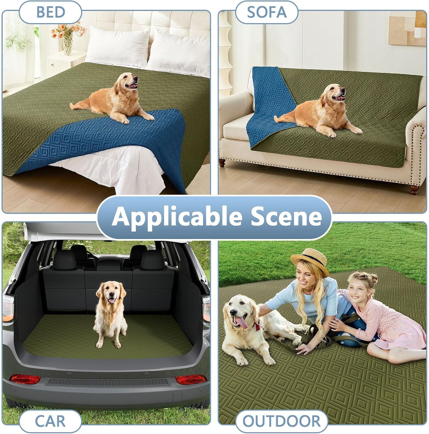 hyha Waterproof Dog Blanket, Soft Pet Bed Blankets, Waterproof Sofa Couch Cover for Dogs Washable, Reversible Pet Couch Covers for Sofa Furniture (82x82 Inch, Green/Navy Blue)