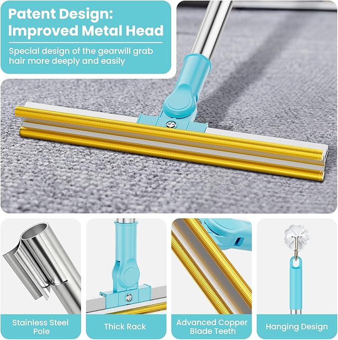 3 in 1 Carpet Rake for Pet Hair Removal, Tool Set of 3, 55” Long Handle Carpet Pet Hair Removal Carpet Scraper Dog Cat Hair Remover for Sofa, Couch, Car, Rug
