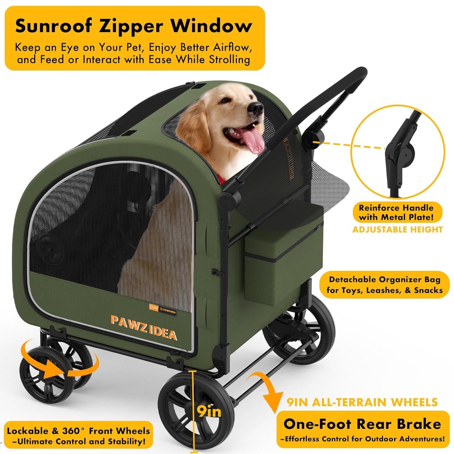 PAWZIDEA Large Dog Stroller with Detachable Carrier, Portable Dog Crate for Car Travel, Multiple Pet Strollers for Medium Dogs up to 80lbs, Adjustable Handle, All-Terrain 9” Wheels, Storage Organizer