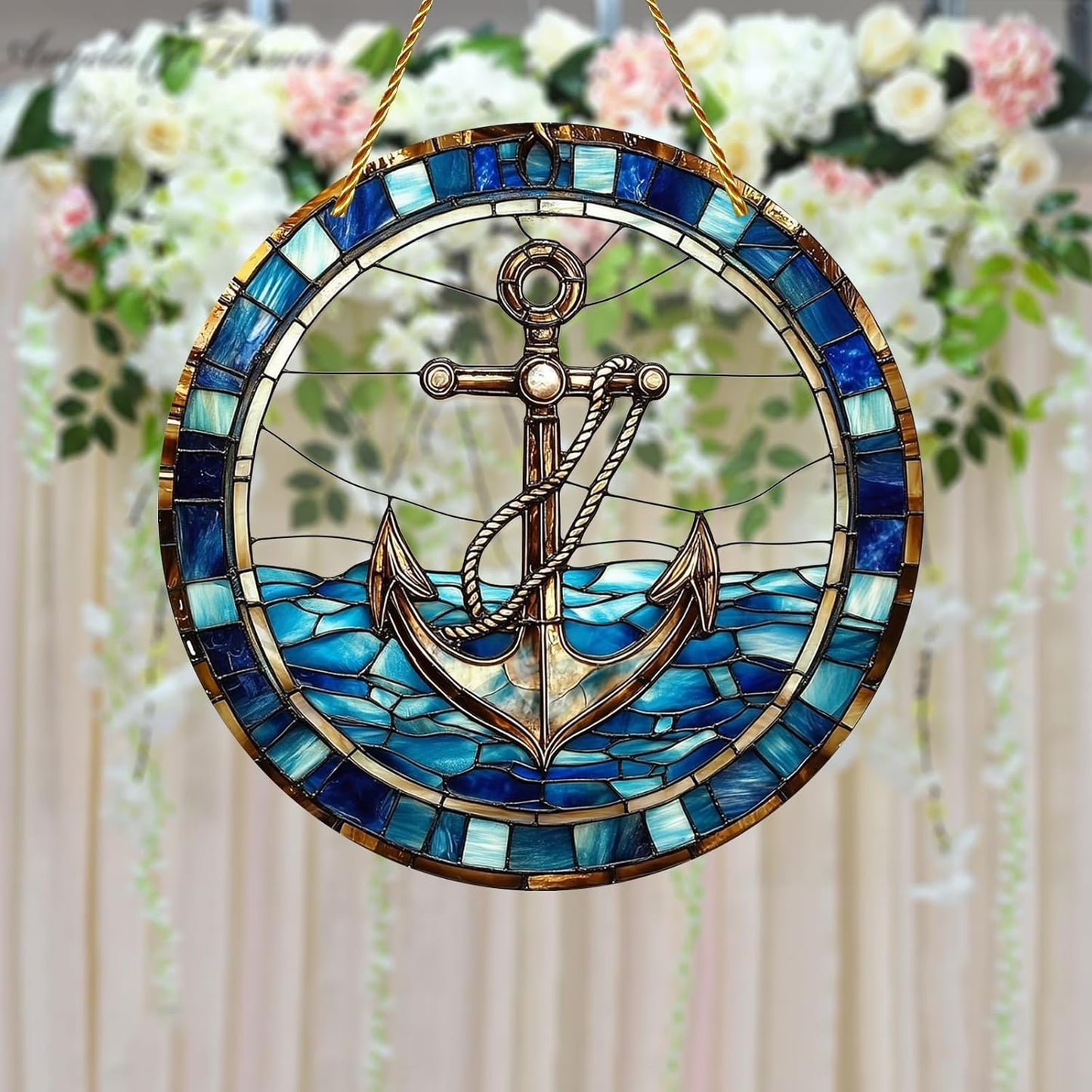 8x8 inch Charming Nautical Anchor Acrylic Stained Glass Window Hanging Sun Catcher Decor Stained Panel Hangings Wall Art Decor, for Friends and Family (Nautical)