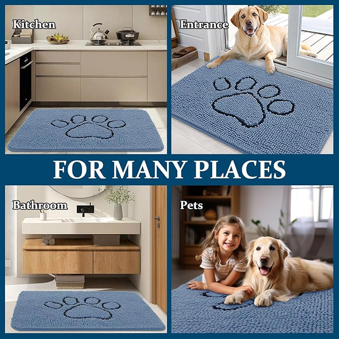 OLANLY Door Mat for Muddy Dog Paws 36x24, Absorbent Chenille Doormat with Paw Print Design, Non-Slip Washable Doormat for Indoor Entryway, Quick-Dry Pet Bed Mats for Dirty Dogs, Airy Blue and Black