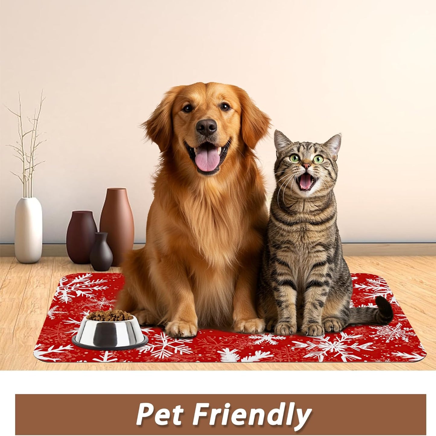 Christmas Dog Food Mat for Floors,Snowflake Absorbent Pet Food and Water Bowl Mats,Non-Slip Pet Feeding Mat,Pet Supplies 12" x 20"