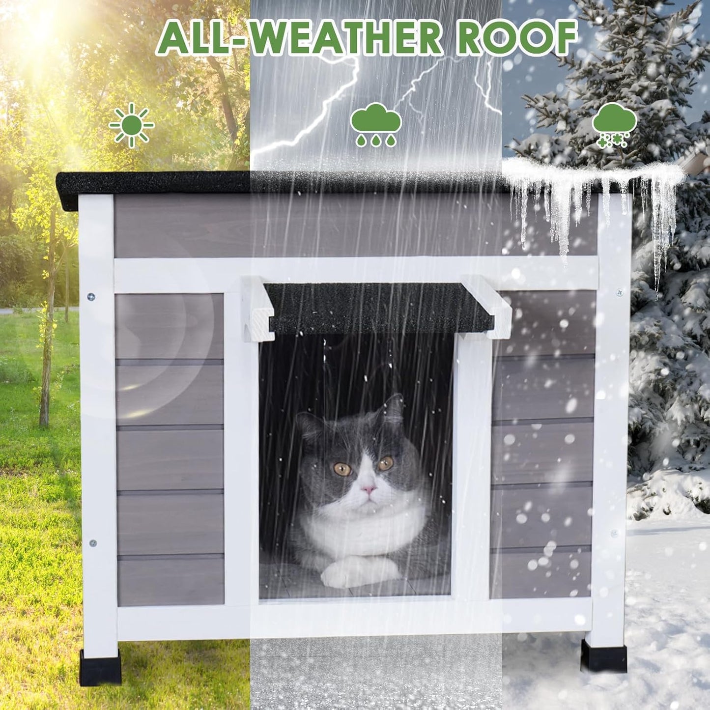 Cat House Outdoor/Indoor All-Weather Wooden Shelter with Openable Asphalt Roof for Feral Cats & Small Animals
