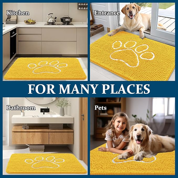 OLANLY Door Mat for Muddy Dog Paws 36x24, Ultra Absorbent Chenille Mud Doormat with Paw Print Design, Non-Slip Washable Doormat for Indoor Entryway, Quick-Dry Pet Bed Mats for Dirty Dogs, Yellow
